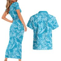 Tahiti Ninamu Tiare Floral Couples Matching Short Sleeve Bodycon Dress and Hawaiian Shirt Monstera Palm Tropical Leaves LT01 - Polynesian Pride
