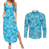 Tahiti Ninamu Tiare Floral Couples Matching Summer Maxi Dress and Long Sleeve Button Shirt Monstera Palm Tropical Leaves LT01 Blue - Polynesian Pride