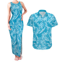 Tahiti Ninamu Tiare Floral Couples Matching Tank Maxi Dress and Hawaiian Shirt Monstera Palm Tropical Leaves LT01 Blue - Polynesian Pride