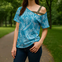 Tahiti Ninamu Tiare Floral Cross Shoulder Shirt Monstera Palm Tropical Leaves - Polynesian Pride