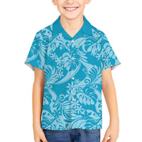 Tahiti Ninamu Tiare Floral Family Matching Off Shoulder Maxi Dress and Hawaiian Shirt Monstera Palm Tropical Leaves LT01 Son's Shirt Blue - Polynesian Pride