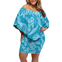 Tahiti Ninamu Tiare Floral Family Matching Off Shoulder Short Dress and Hawaiian Shirt Monstera Palm Tropical Leaves LT01 Mom's Dress Blue - Polynesian Pride
