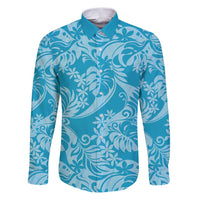 Tahiti Ninamu Tiare Floral Family Matching Puletasi and Hawaiian Shirt Monstera Palm Tropical Leaves LT01 Dad's Shirt - Long Sleeve Blue - Polynesian Pride