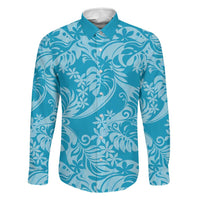 Tahiti Ninamu Tiare Floral Family Matching Summer Maxi Dress and Hawaiian Shirt Monstera Palm Tropical Leaves LT01 Dad's Shirt - Long Sleeve Blue - Polynesian Pride
