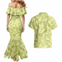 Tahiti Olive Tiare Floral Couples Matching Mermaid Dress and Hawaiian Shirt Monstera Palm Tropical Leaves - Polynesian Pride