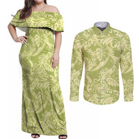 Tahiti Olive Tiare Floral Couples Matching Off Shoulder Maxi Dress and Long Sleeve Button Shirt Monstera Palm Tropical Leaves LT01 Olive - Polynesian Pride