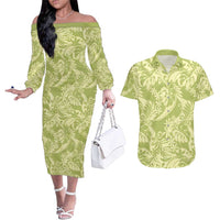 Tahiti Olive Tiare Floral Couples Matching Off The Shoulder Long Sleeve Dress and Hawaiian Shirt Monstera Palm Tropical Leaves LT01 Olive - Polynesian Pride
