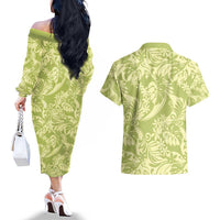Tahiti Olive Tiare Floral Couples Matching Off The Shoulder Long Sleeve Dress and Hawaiian Shirt Monstera Palm Tropical Leaves LT01 - Polynesian Pride