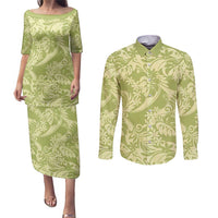 Tahiti Olive Tiare Floral Couples Matching Puletasi and Long Sleeve Button Shirt Monstera Palm Tropical Leaves - Polynesian Pride