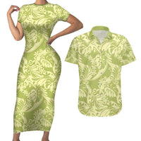 Tahiti Olive Tiare Floral Couples Matching Short Sleeve Bodycon Dress and Hawaiian Shirt Monstera Palm Tropical Leaves LT01 Olive - Polynesian Pride