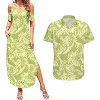 Tahiti Olive Tiare Floral Couples Matching Summer Maxi Dress and Hawaiian Shirt Monstera Palm Tropical Leaves - Polynesian Pride