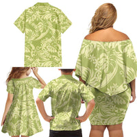 Tahiti Olive Tiare Floral Family Matching Off Shoulder Short Dress and Hawaiian Shirt Monstera Palm Tropical Leaves - Polynesian Pride