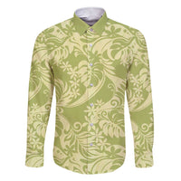 Tahiti Olive Tiare Floral Family Matching Short Sleeve Bodycon Dress and Hawaiian Shirt Monstera Palm Tropical Leaves LT01 Dad's Shirt - Long Sleeve Olive - Polynesian Pride