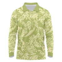Tahiti Olive Tiare Floral Long Sleeve Polo Shirt Monstera Palm Tropical Leaves - Polynesian Pride