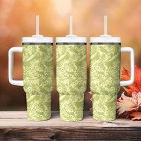 Tahiti Olive Tiare Floral Tumbler With Handle Monstera Palm Tropical Leaves - Polynesian Pride