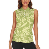 Tahiti Olive Tiare Floral Women Sleeveless Polo Shirt Monstera Palm Tropical Leaves - Polynesian Pride