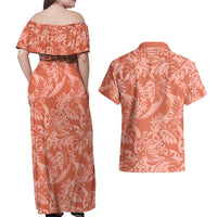Tahiti Puatou Tiare Floral Couples Matching Off Shoulder Maxi Dress and Hawaiian Shirt Monstera Palm Tropical Leaves LT01 - Polynesian Pride