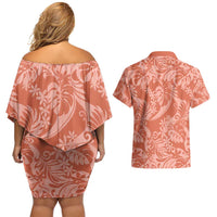 Tahiti Puatou Tiare Floral Couples Matching Off Shoulder Short Dress and Hawaiian Shirt Monstera Palm Tropical Leaves LT01 - Polynesian Pride