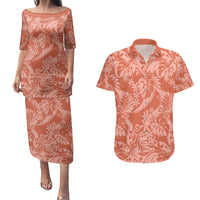 Tahiti Puatou Tiare Floral Couples Matching Puletasi and Hawaiian Shirt Monstera Palm Tropical Leaves LT01 Orange - Polynesian Pride