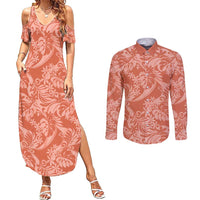 Tahiti Puatou Tiare Floral Couples Matching Summer Maxi Dress and Long Sleeve Button Shirt Monstera Palm Tropical Leaves LT01 Orange - Polynesian Pride