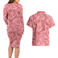 Tahiti Tarona Tiare Floral Couples Matching Long Sleeve Bodycon Dress and Hawaiian Shirt Monstera Palm Tropical Leaves LT01 - Polynesian Pride