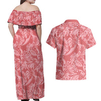 Tahiti Tarona Tiare Floral Couples Matching Off Shoulder Maxi Dress and Hawaiian Shirt Monstera Palm Tropical Leaves - Polynesian Pride