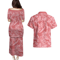 Tahiti Tarona Tiare Floral Couples Matching Puletasi and Hawaiian Shirt Monstera Palm Tropical Leaves LT01 - Polynesian Pride