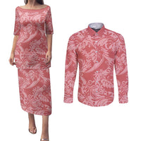 Tahiti Tarona Tiare Floral Couples Matching Puletasi and Long Sleeve Button Shirt Monstera Palm Tropical Leaves - Polynesian Pride