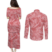 Tahiti Tarona Tiare Floral Couples Matching Puletasi and Long Sleeve Button Shirt Monstera Palm Tropical Leaves - Polynesian Pride