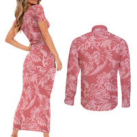 Tahiti Tarona Tiare Floral Couples Matching Short Sleeve Bodycon Dress and Long Sleeve Button Shirt Monstera Palm Tropical Leaves LT01 - Polynesian Pride