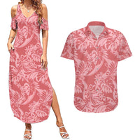 Tahiti Tarona Tiare Floral Couples Matching Summer Maxi Dress and Hawaiian Shirt Monstera Palm Tropical Leaves - Polynesian Pride