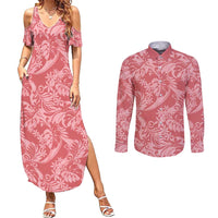 Tahiti Tarona Tiare Floral Couples Matching Summer Maxi Dress and Long Sleeve Button Shirt Monstera Palm Tropical Leaves LT01 Pink - Polynesian Pride