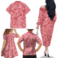 Tahiti Tarona Tiare Floral Family Matching Off The Shoulder Long Sleeve Dress and Hawaiian Shirt Monstera Palm Tropical Leaves - Polynesian Pride