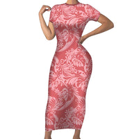 Tahiti Tarona Tiare Floral Family Matching Short Sleeve Bodycon Dress and Hawaiian Shirt Monstera Palm Tropical Leaves LT01 Mom's Dress Pink - Polynesian Pride