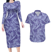 Tahiti Vareau Tiare Floral Couples Matching Long Sleeve Bodycon Dress and Hawaiian Shirt Monstera Palm Tropical Leaves LT01 Purple - Polynesian Pride