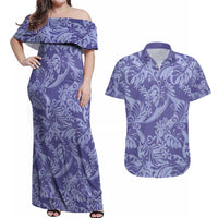 Tahiti Vareau Tiare Floral Couples Matching Off Shoulder Maxi Dress and Hawaiian Shirt Monstera Palm Tropical Leaves LT01 Purple - Polynesian Pride