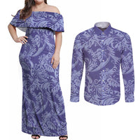 Tahiti Vareau Tiare Floral Couples Matching Off Shoulder Maxi Dress and Long Sleeve Button Shirt Monstera Palm Tropical Leaves - Polynesian Pride