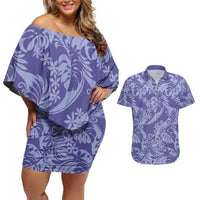 Tahiti Vareau Tiare Floral Couples Matching Off Shoulder Short Dress and Hawaiian Shirt Monstera Palm Tropical Leaves - Polynesian Pride