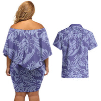 Tahiti Vareau Tiare Floral Couples Matching Off Shoulder Short Dress and Hawaiian Shirt Monstera Palm Tropical Leaves LT01 - Polynesian Pride