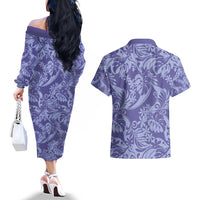 Tahiti Vareau Tiare Floral Couples Matching Off The Shoulder Long Sleeve Dress and Hawaiian Shirt Monstera Palm Tropical Leaves LT01 - Polynesian Pride