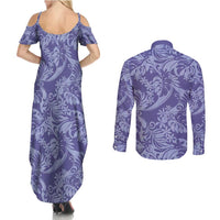 Tahiti Vareau Tiare Floral Couples Matching Summer Maxi Dress and Long Sleeve Button Shirt Monstera Palm Tropical Leaves LT01 - Polynesian Pride