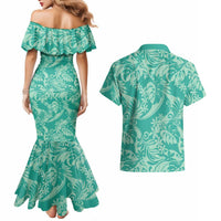 Tahiti Teal Tiare Floral Couples Matching Mermaid Dress and Hawaiian Shirt Monstera Palm Tropical Leaves LT01 - Polynesian Pride