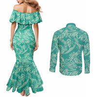 Tahiti Teal Tiare Floral Couples Matching Mermaid Dress and Long Sleeve Button Shirt Monstera Palm Tropical Leaves - Polynesian Pride
