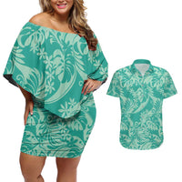 Tahiti Teal Tiare Floral Couples Matching Off Shoulder Short Dress and Hawaiian Shirt Monstera Palm Tropical Leaves - Polynesian Pride