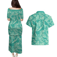 Tahiti Teal Tiare Floral Couples Matching Puletasi and Hawaiian Shirt Monstera Palm Tropical Leaves LT01 - Polynesian Pride