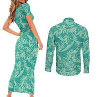 Tahiti Teal Tiare Floral Couples Matching Short Sleeve Bodycon Dress and Long Sleeve Button Shirt Monstera Palm Tropical Leaves LT01 - Polynesian Pride