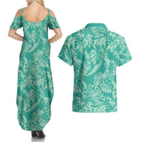 Tahiti Teal Tiare Floral Couples Matching Summer Maxi Dress and Hawaiian Shirt Monstera Palm Tropical Leaves - Polynesian Pride