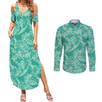 Tahiti Teal Tiare Floral Couples Matching Summer Maxi Dress and Long Sleeve Button Shirt Monstera Palm Tropical Leaves LT01 Teal - Polynesian Pride