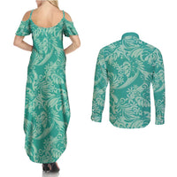 Tahiti Teal Tiare Floral Couples Matching Summer Maxi Dress and Long Sleeve Button Shirt Monstera Palm Tropical Leaves LT01 - Polynesian Pride