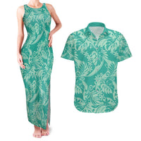 Tahiti Teal Tiare Floral Couples Matching Tank Maxi Dress and Hawaiian Shirt Monstera Palm Tropical Leaves - Polynesian Pride